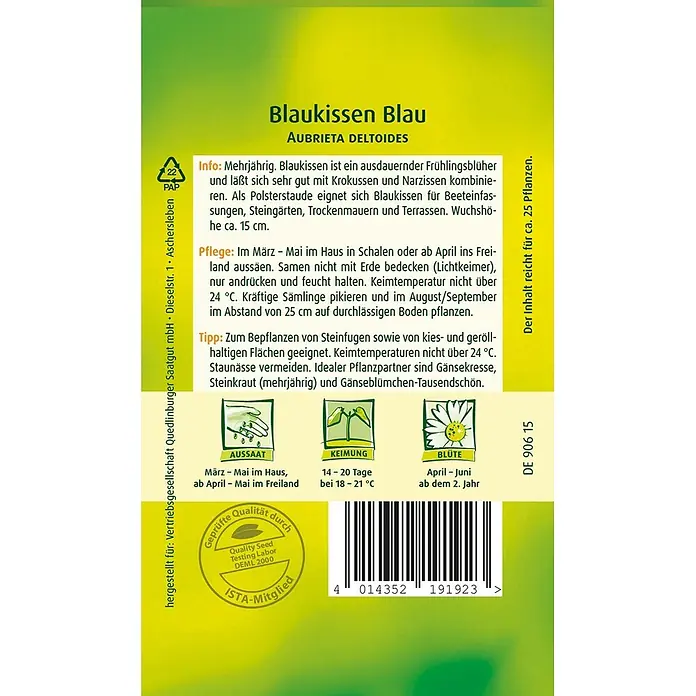 Quedlinburger SAATGUT Blaukissen Blau -  - Samenpäckchen für Blaukissen (Aubrieta deltoides) mit Pflanzanleitung und Pflegehinweisen.