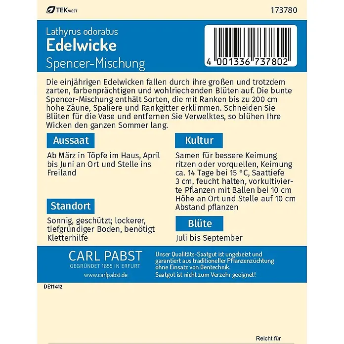 Pabst Keimkraft Edelwicke Spencer-Mischung -  - Samenpackung für Edelwicke Spencer-Mischung (Wicke) mit Pflanzanleitung und Barcode.