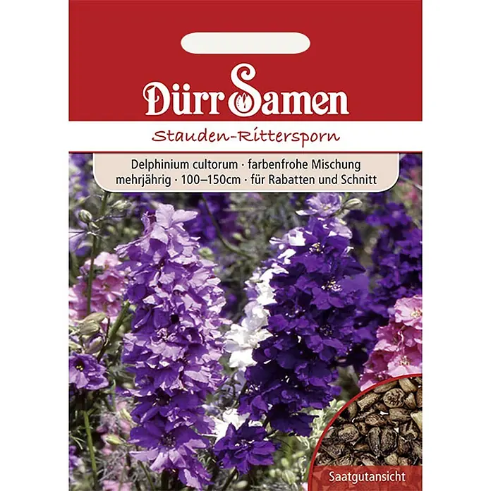 Dürr Samen Blumensamen Stauden - Delphinium cultorum, Mehrfarbig - Dürr Samen Samentüte für Rittersporn: lila, weiße, rosa Blüten und braune Samen.