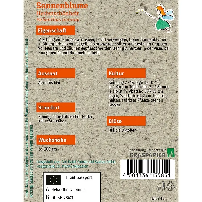 Grüne Fee Blumensamen Sonnenblume - Helianthus annuus, Mehrfarbig - Samenpackung für 'Sonnenblume Herbstschönheit' (Helianthus annuus) aus Graspapier mit Produktinformationen und Barcode.