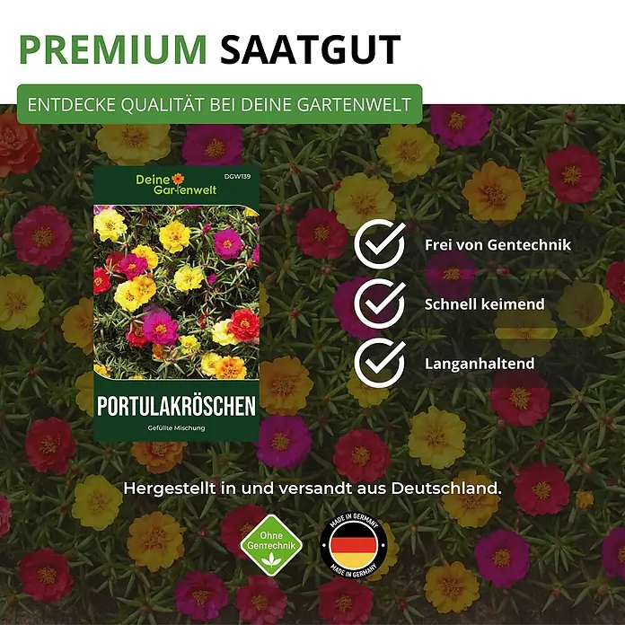 Deine Gartenwelt Portulakröschen Gefüllte Mischung -  - Samenpäckchen für bunte Portulakröschen, mit leuchtend gelben, rosa und roten Blüten im Hintergrund.