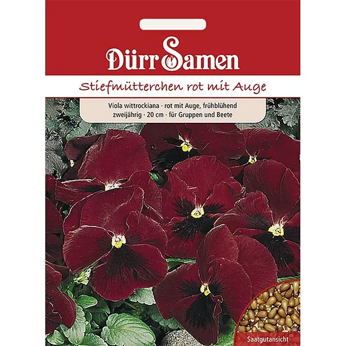 Dürr Samen Blumensamen Stiefmütterchen - Viola cornuta, Rot - Dürr Samen Samentüte für rote Stiefmütterchen mit Auge, mit Blumenbild und Saatgutansicht.