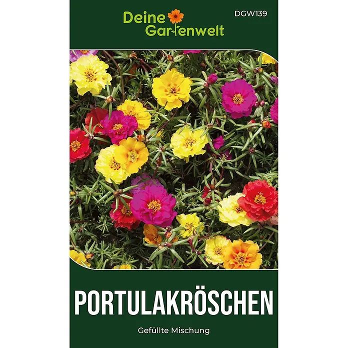 Deine Gartenwelt Portulakröschen Gefüllte Mischung -  - Samentüte für 'Portulakröschen' (Sonnenröschen) gefüllte Mischung, zeigt leuchtende gelbe, rote und pinke Blüten.