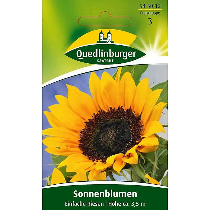 Quedlinburger SAATGUT Blumensamen Sonnenblume - Helianthus annuus, Gelb - Quedlinburger Sonnenblumen-Samen, Sorte 'Einfache Riesen', in gelb-grüner Verpackung mit großem Sonnenblumenmotiv.