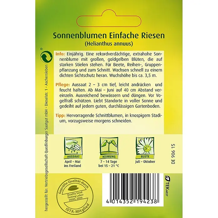 Quedlinburger SAATGUT Blumensamen Sonnenblume - Helianthus annuus, Gelb - Samenpäckchen für „Sonnenblumen Einfache Riesen“ mit Infos zu Aussaat, Keimung, Blüte, Barcode und Gütesiegel.