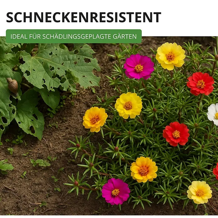 Deine Gartenwelt Portulakröschen Gefüllte Mischung -  - Bunte, schneckenresistente Blumen gedeihen im Garten, während eine Schnecke ein benachbartes Blatt frisst.