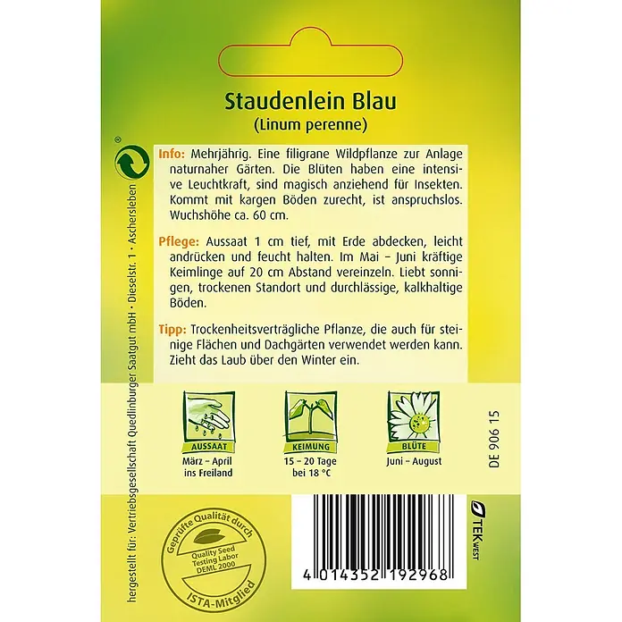 Quedlinburger SAATGUT Lein Blau -  - Samenpäckchen für Blauen Staudenlein (Linum perenne) mit Pflanzinformationen und Illustrationen.