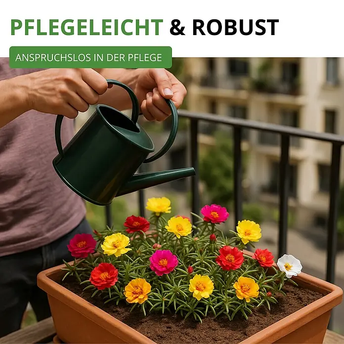 Deine Gartenwelt Portulakröschen Gefüllte Mischung -  - Eine Person gießt lebendige, pflegeleichte Blumen wie Mittagsblumen in einem rechteckigen Pflanzkasten auf einem Balkon.