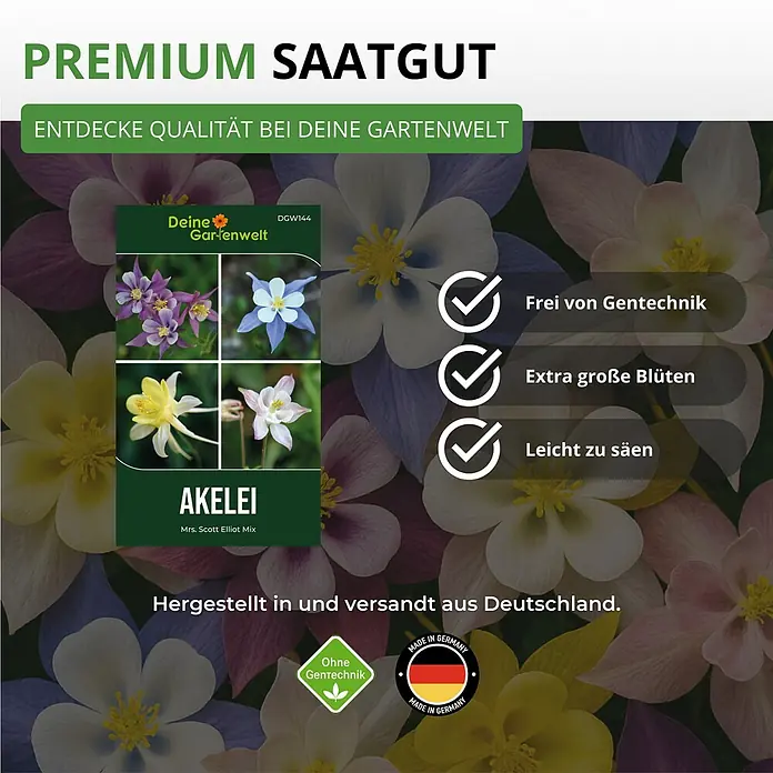 Deine Gartenwelt Akelei Mrs. Scott Elliot Mix -  - Samentüte für AKELEI (Mrs. Scott Elliot Mix) mit bunten Blütenbildern und Text, der Premium, gentechnikfreie, große, leicht zu säende Samen aus Deutschland hervorhebt.