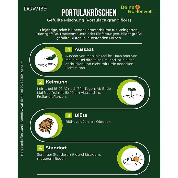 Deine Gartenwelt Portulakröschen Gefüllte Mischung -  - Dunkelgrünes Produktetikett für Portulakröschen-Samen mit Anweisungen zu Aussaat, Keimung, Blüte und Standort.