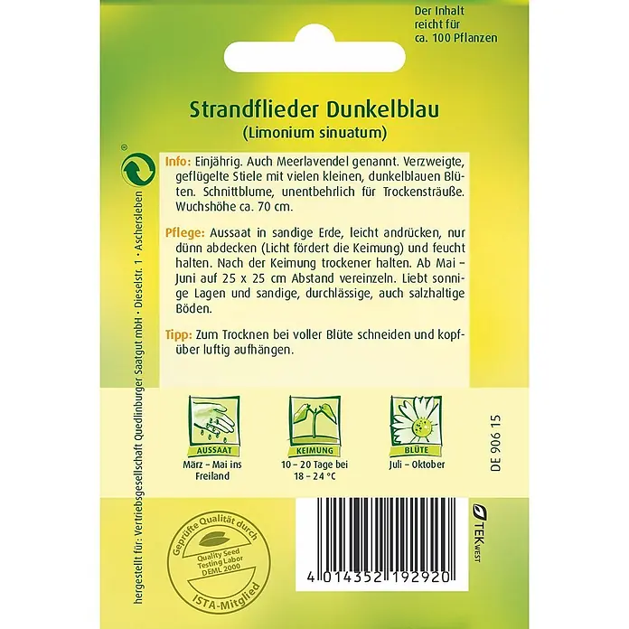 Quedlinburger SAATGUT Strandflieder Dunkelblau -  - Samenpackung für Strandflieder Dunkelblau (Limonium sinuatum) mit Aussaat-, Pflegeinfos und Barcode.