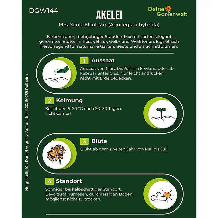 Deine Gartenwelt Akelei Mrs. Scott Elliot Mix -  - Informationsetikett für AKELEI (Akeleien) Samen, mit Anweisungen zu Aussaat, Keimung, Blüte und Standort, illustriert.