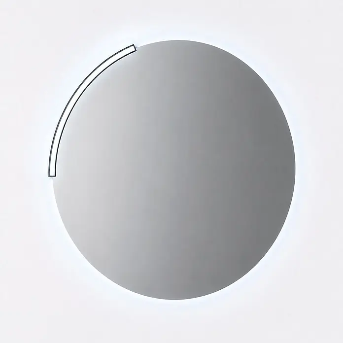 Espejo con luz Siro - Diámetro: 80 cm, Negro - Espejo circular con retroiluminación LED integrada y un arco decorativo negro en la parte superior izquierda.