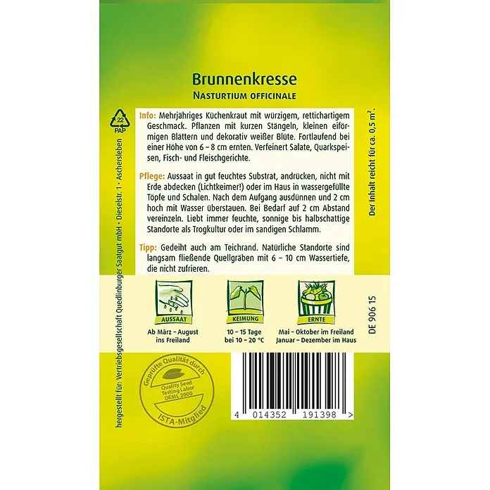 Quedlinburger SAATGUT Kräutersamen Brunnenkresse - Nasturtium officinale, Saatzeit: März, Erntezeit: März - Brunnenkresse-Samentüte, grün-gelb, mit Pflanzinformationen und Illustrationen.