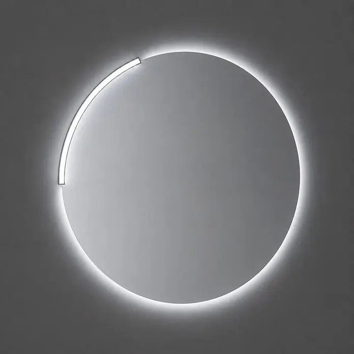 Espejo con luz Siro - Diámetro: 80 cm, Negro - Espejo circular retroiluminado con una barra de luz LED curva en su segmento superior izquierdo.