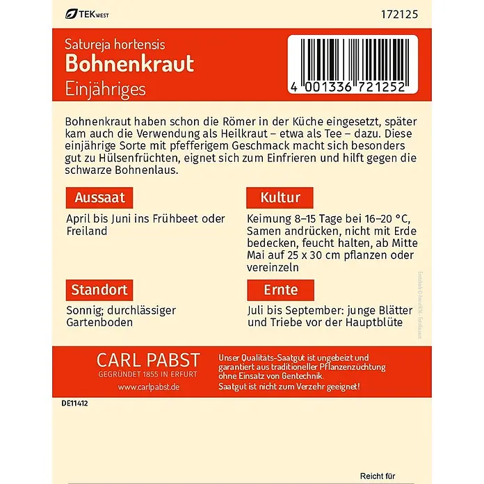 Pabst Keimkraft Bohnenkraut Einjähriges -  - Produktinformationsetikett für Bohnenkrautsamen, rot-weiß, mit Anleitung und Barcode.