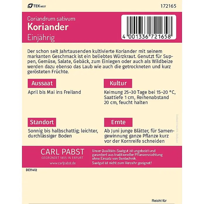 Pabst Keimkraft Kräutersamen Koriander - Coriandrum sativum L., Saatzeit: April, Erntezeit: Juni - Koriander-Saatgutpäckchen mit pinkem Banner, zeigt Pflanzeninformationen und Barcode.