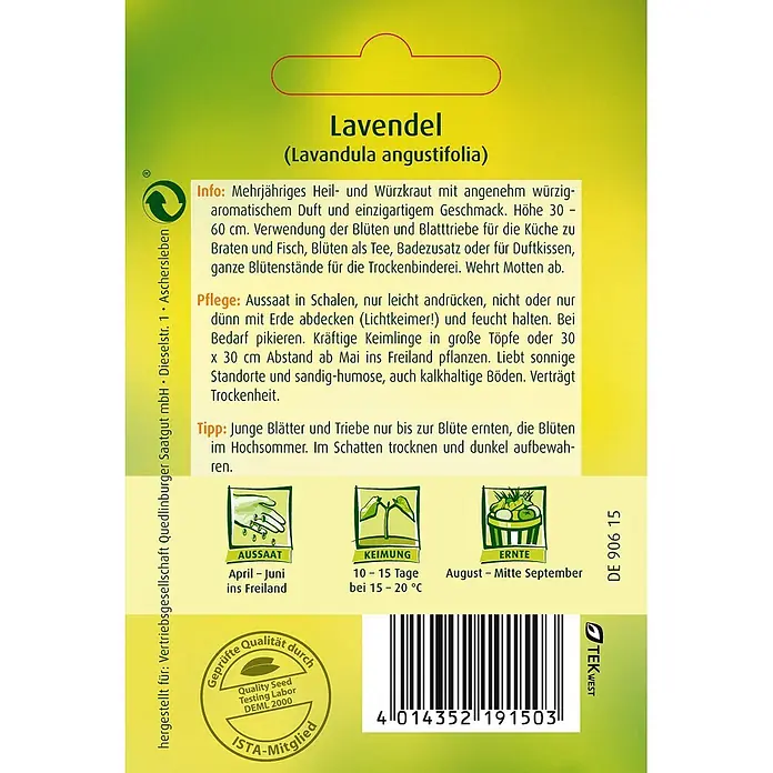 Quedlinburger SAATGUT Kräutersamen Lavendel - Lavandula angustifolia, Saatzeit: April, Erntezeit: August - Grünes Samenpäckchen für Lavendel (Lavandula angustifolia) mit Text und Illustrationen.
