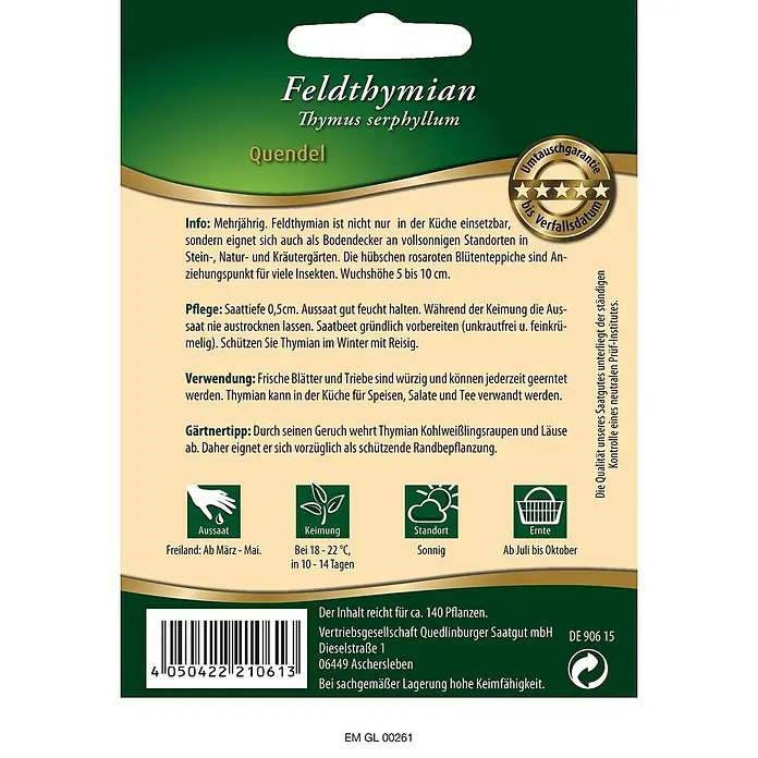 Quedlinburger SAATGUT Kräutersamen Thymian - Thymus vulgaris, Saatzeit: März, Erntezeit: Juli - Grünes und weißes Samenpäckchen für Feldthymian, mit Pflanzanleitung, Barcode und Produktinformationen.