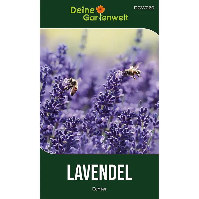 Deine Gartenwelt Lavendel Echter -  - Lavendel-Samentüte mit lebhaftem Bild von lila Lavendelblüten und zwei Bienen. Beschriftung "Deine Gartenwelt" und "Lavendel".