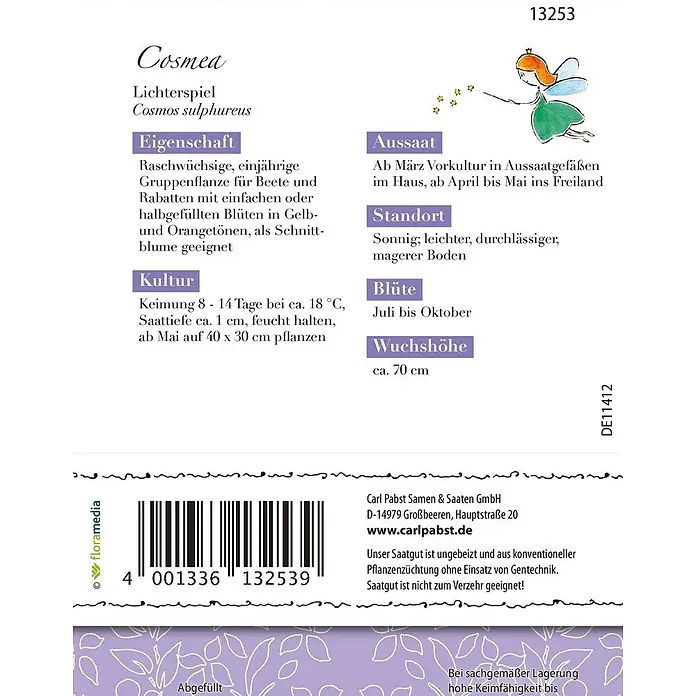 Grüne Fee Cosmea Lichterspiel -  - Samentüte für Cosmea 'Lichterspiel' (Cosmos sulphureus) mit Anzuchtanleitung und Barcode.