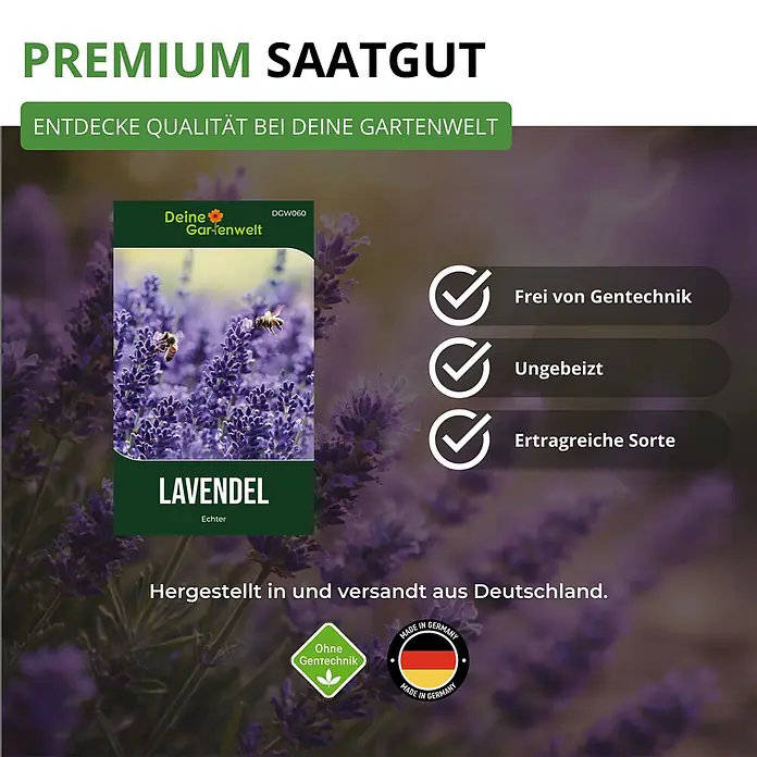 Deine Gartenwelt Lavendel Echter -  - Premium Lavendelsamen-Packung, 'Gentechnikfrei' & 'Made in Germany', zeigt Lavendelblüten und Bienen.