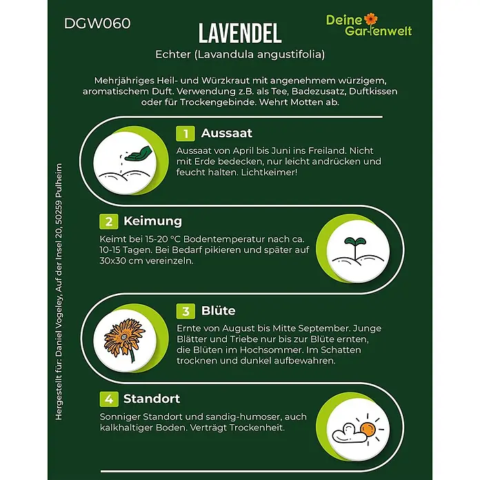 Deine Gartenwelt Lavendel Echter -  - Informationskarte über Lavendel (Lavandula angustifolia) mit Anbauanweisungen und Verwendungstipps.