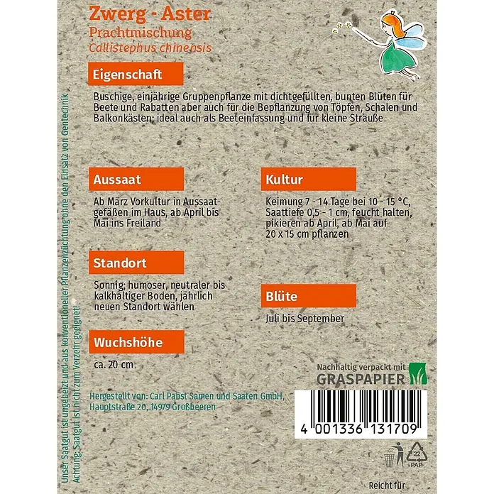 Grüne Fee Zwerg-Aster Prachtmischung -  - Samenpackung für Zwerg-Aster 'Prachtmischung' Callistephus chinensis aus Graspapier mit Pflanzanleitung und Barcode.