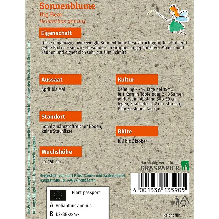 Grüne Fee Sonnenblume Big Bear -  - Samenpackung für 'Big Bear' Sonnenblumen (Helianthus annuus) mit Pflanzanleitung. Naturpapier-Textur.