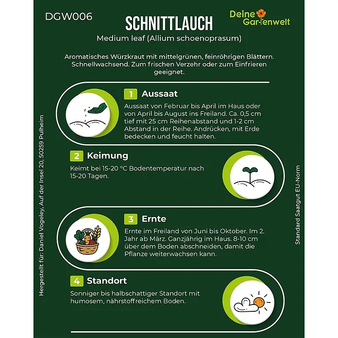 Deine Gartenwelt Schnittlauch Medium Leaf -  - Pflanzanleitung für Schnittlauch: Informationen zu Aussaat, Keimung, Ernte und Standort in einer Infografik.