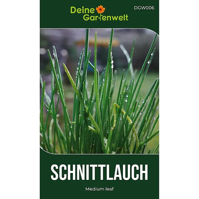 Deine Gartenwelt Schnittlauch Medium Leaf -  - Dunkelgrünes Schnittlauch-Samenpäckchen, Sorte 'Medium leaf', mit frischem grünem Schnittlauch.