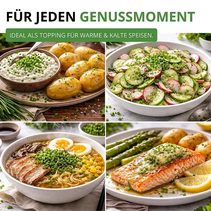 Deine Gartenwelt Schnittlauch Medium Leaf -  - Gehackter grüner Schnittlauch als Topping auf verschiedenen warmen und kalten Gerichten wie Kartoffeln, Salat, Ramen und Lachs.