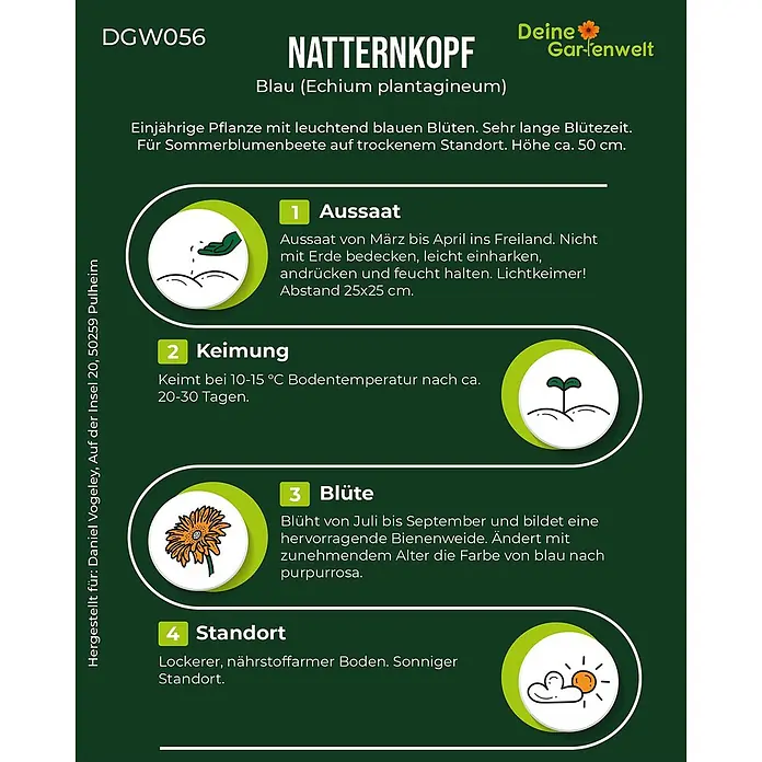 Deine Gartenwelt Natternkopf blau -  - Etikett für Natternkopf-Samen mit Anbauanleitung: Aussaat, Keimung, Blüte und Standort, illustriert mit Symbolen.