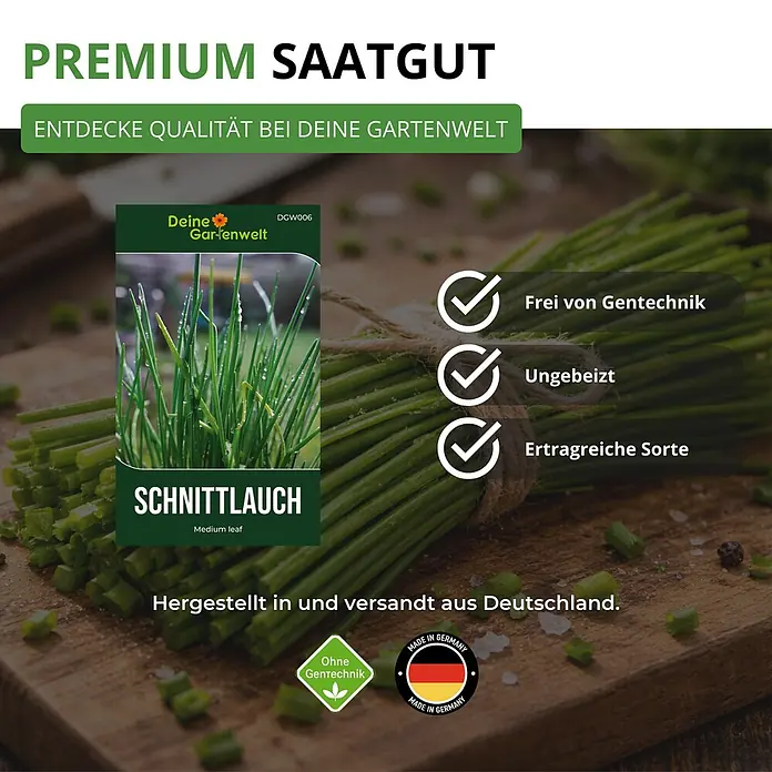 Deine Gartenwelt Schnittlauch Medium Leaf -  - Schnittlauch-Samenpackung mit "Premium Saatgut" Aufschrift, zeigt gentechnikfreie, unbehandelte, ertragreiche Qualität, mit frischem Schnittlauch.