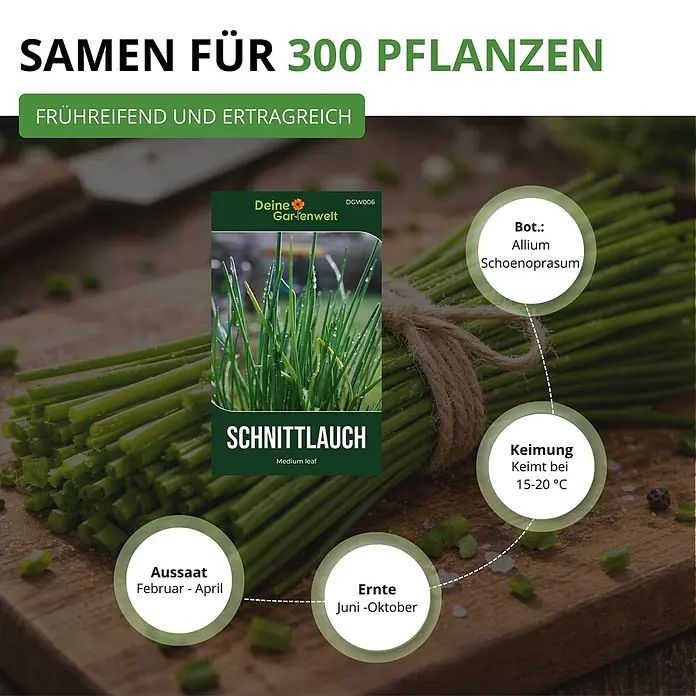 Deine Gartenwelt Schnittlauch Medium Leaf -  - Samenpackung für Schnittlauch mit Anbauinformationen, umgeben von frischem Schnittlauch.