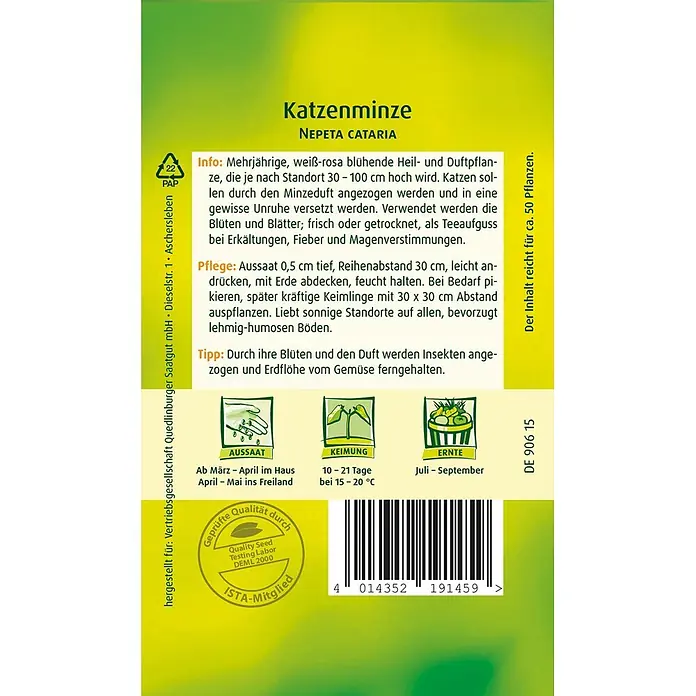 Quedlinburger SAATGUT Katzenminze -  - Samenpäckchen für Katzenminze (Nepeta Cataria) mit Pflanzanleitung und Illustrationen.