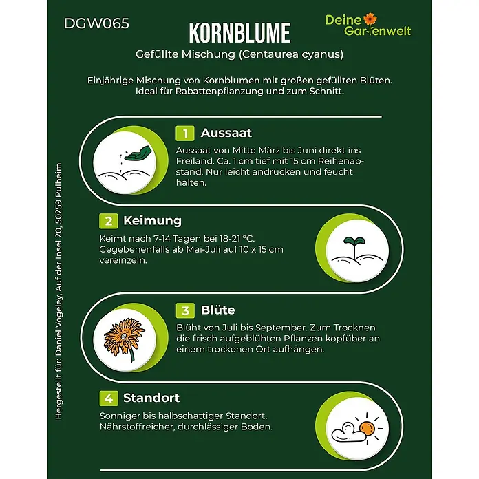 Deine Gartenwelt Kornblumen Gefüllte Mischung -  - Kornblumen-Saatgutetikett mit Anweisungen für Aussaat, Keimung, Blüte und Standort.