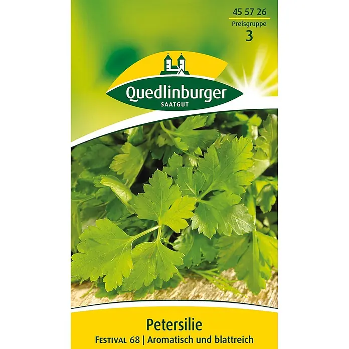 Quedlinburger SAATGUT Kräutersamen Petersilie - Petroselinum crispum, Saatzeit: März, Erntezeit: März - Quedlinburger Petersiliensamenpackung mit leuchtend grünen Petersilienblättern.