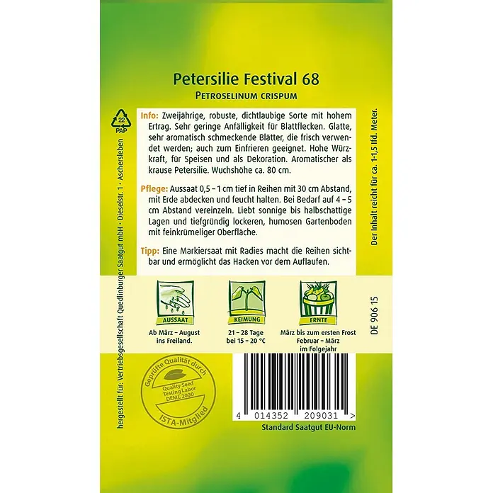 Quedlinburger SAATGUT Kräutersamen Petersilie - Petroselinum crispum, Saatzeit: März, Erntezeit: März - Samenpäckchen für Petersilie Festival 68, mit Infos, Illustrationen für Aussaat, Keimung, Ernte und Barcode.