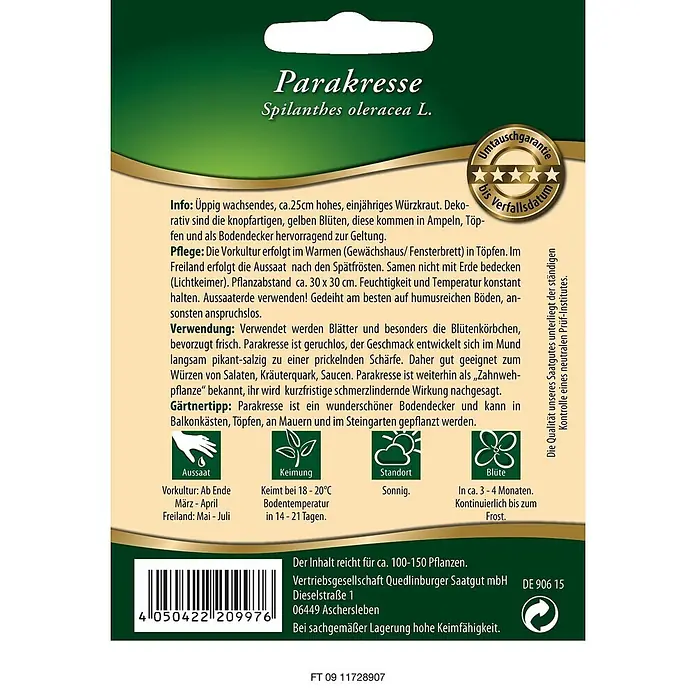 Quedlinburger SAATGUT Kräutersamen Parakresse - Acmella oleracea, Saatzeit: März, Erntezeit: Sortenabhängig - Samenpäckchen für Parakresse (Spilanthes oleracea L.) mit Pflanzanleitung und Produktinformationen.