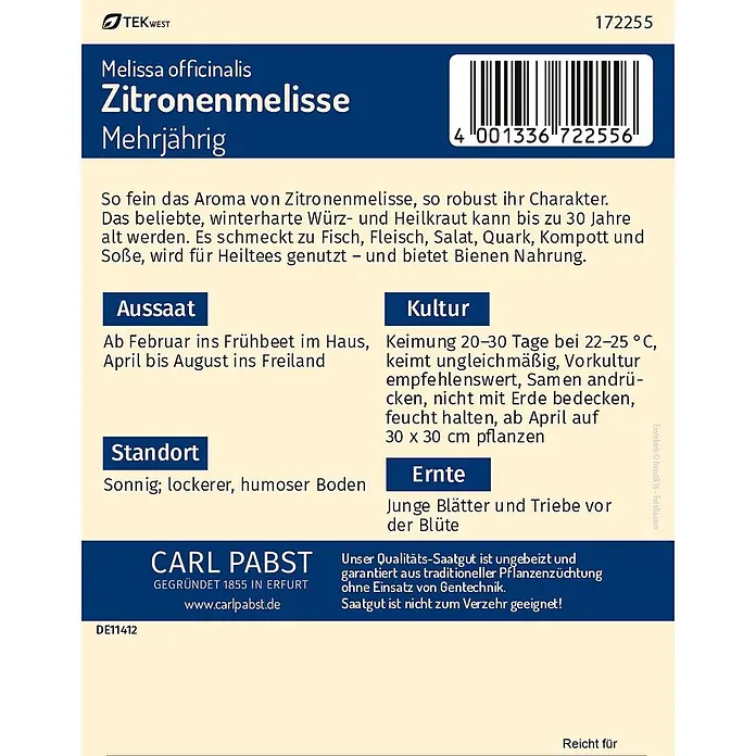 Pabst Keimkraft Kräutersamen Zitronenmelisse - Melissa officinalis, Saatzeit: Mai, Erntezeit: Juli - Samenpäckchen-Etikett für Zitronenmelisse mit Anbauanweisungen, Barcode und der Marke Carl Pabst.