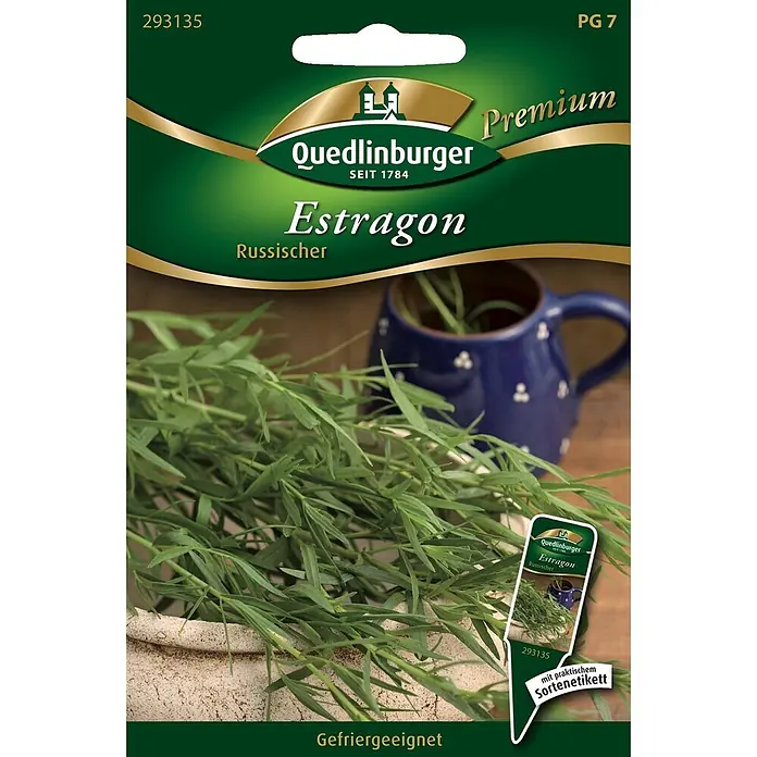 Quedlinburger SAATGUT Kräutersamen Estragon - Artemisia dracunculus, Saatzeit: Ganzjährig, Erntezeit: Juni - Quedlinburger Russischer Estragon Samenpackung, grün-goldenes Design, zeigt Estragonblätter und Eignung zum Einfrieren.