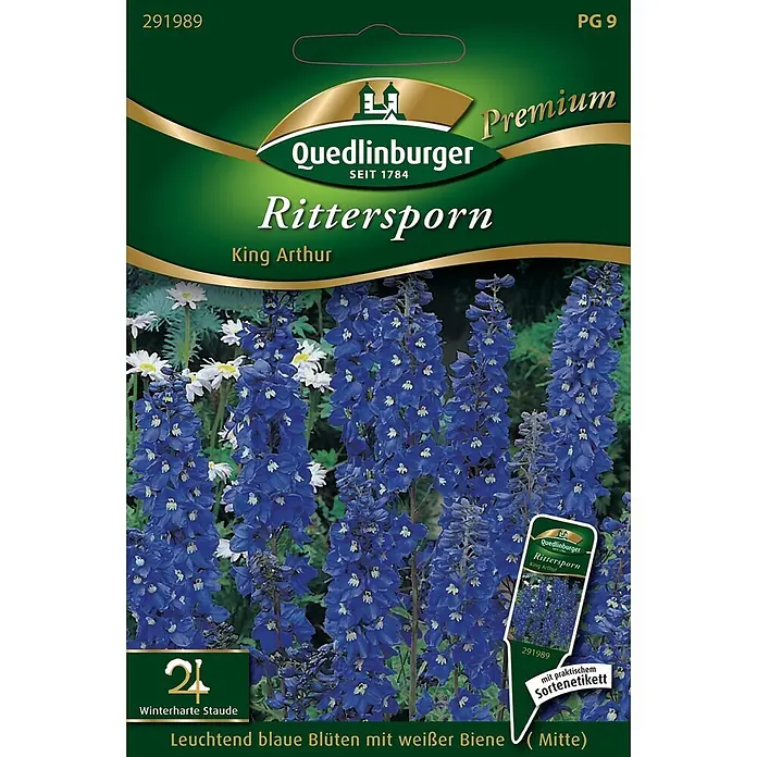 Quedlinburger SAATGUT Rittersporn King Arthur -  - Samenpäckchen für Quedlinburger Rittersporn 'King Arthur' mit leuchtend blauen Blüten.