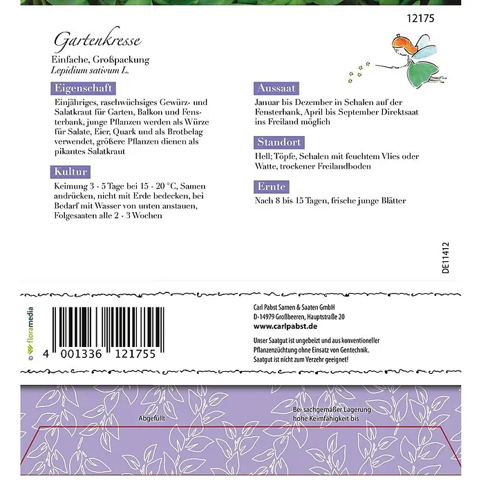 Grüne Fee Kräutersamen Gartenkresse - Lepidium sativum L., Saatzeit: April, Erntezeit: Ganzjährig - Gartenkresse-Samentüte mit Anbauanleitung, Produktinformationen und einer Feenillustration.