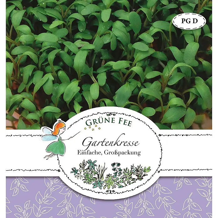 Grüne Fee Kräutersamen Gartenkresse - Lepidium sativum L., Saatzeit: April, Erntezeit: Ganzjährig - Samenpäckchen für Gartenkresse mit grünen Keimlingen, Aufschrift 'Grüne Fee' und einer Elfenillustration.