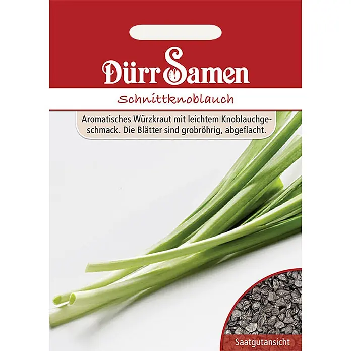 Dürr Samen Kräutersamen Schnittknoblauch - Allium tuberosum, Saatzeit: März, Erntezeit: April - Rotes Samentütchen für Schnittknoblauch mit Kräuterbild, Beschreibung und Samenansicht.