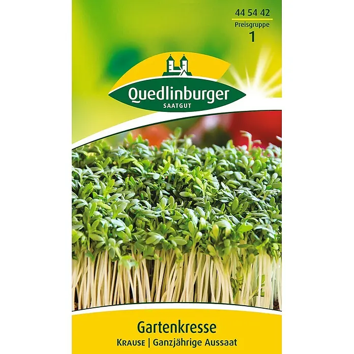 Quedlinburger SAATGUT Kräutersamen Gartenkresse - Lepidium sativum, Saatzeit: Ganzjährig, Erntezeit: Januar - Verpackung für Quedlinburger Gartenkresse-Samen, zeigt leuchtend grüne Krauser Kresse.