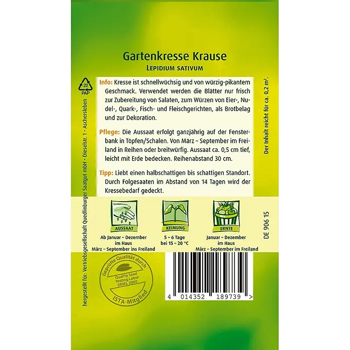 Quedlinburger SAATGUT Kräutersamen Gartenkresse - Lepidium sativum, Saatzeit: Ganzjährig, Erntezeit: Januar - Grüne Samenpackung für Gartenkresse Krause mit Anbauanleitung und Barcode.