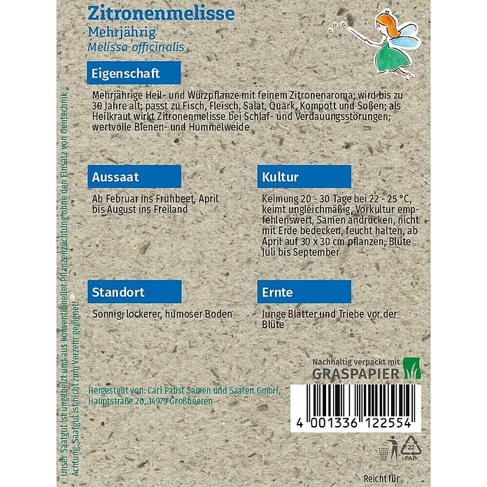 Grüne Fee Kräutersamen Zitronenmelisse - Melissa officinalis, Saatzeit: Mai, Erntezeit: Juli - Samenpäckchen Zitronenmelisse aus Graspapier, mit Anbauinformationen, Barcode und kleiner Fee.