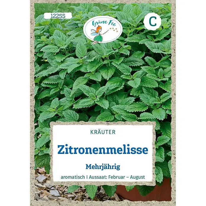 Grüne Fee Kräutersamen Zitronenmelisse - Melissa officinalis, Saatzeit: Mai, Erntezeit: Juli - Samentüte für Zitronenmelisse mit grünen Pflanzen, Text 'Zitronenmelisse', Aussaatinfo, 'Grüne Fee' Logo und Artikelnummer '12255'.